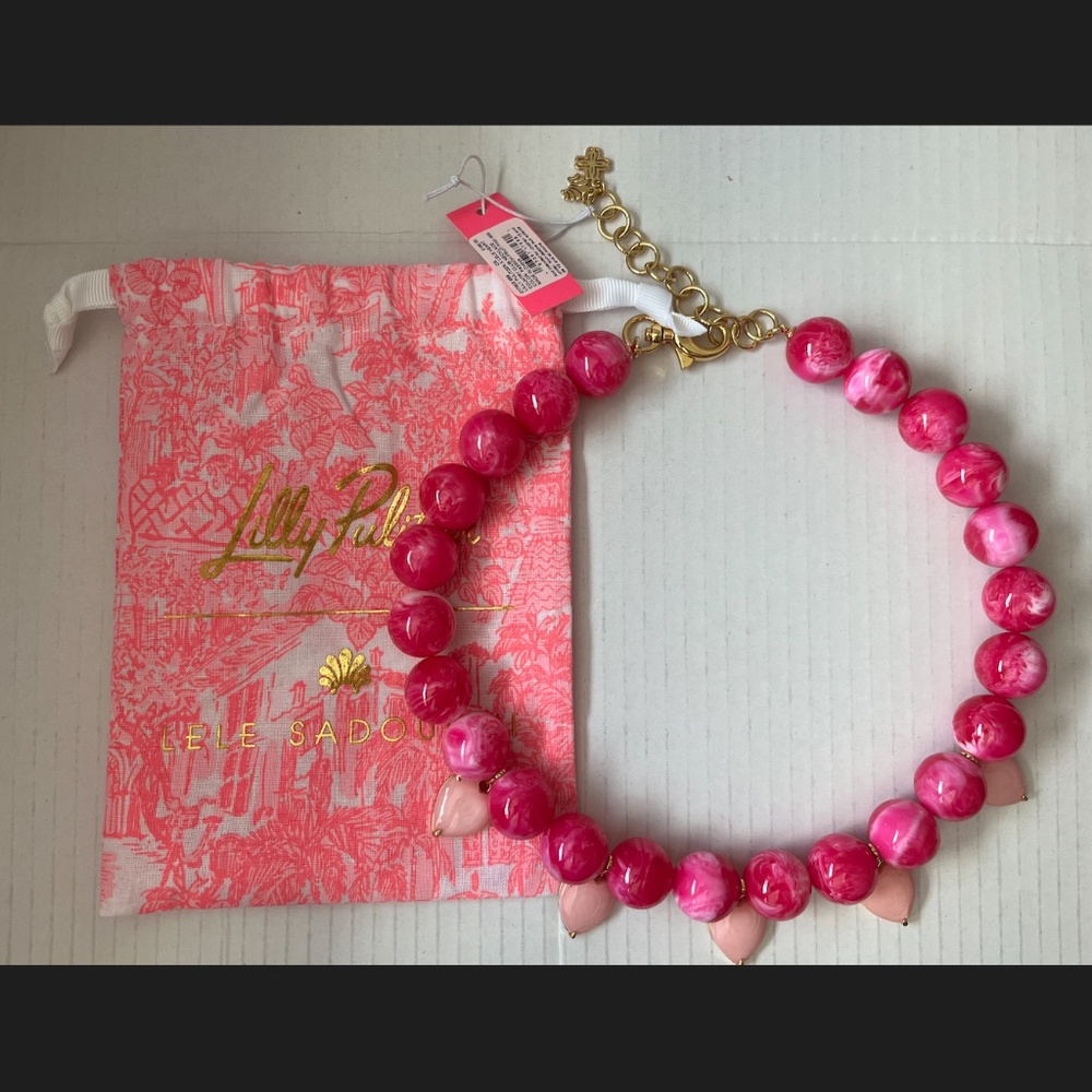 Lilly Pulitzer LILLY & LELE HEART COUNTY CLUB NECKLACE , PINK, NWT, orig$198